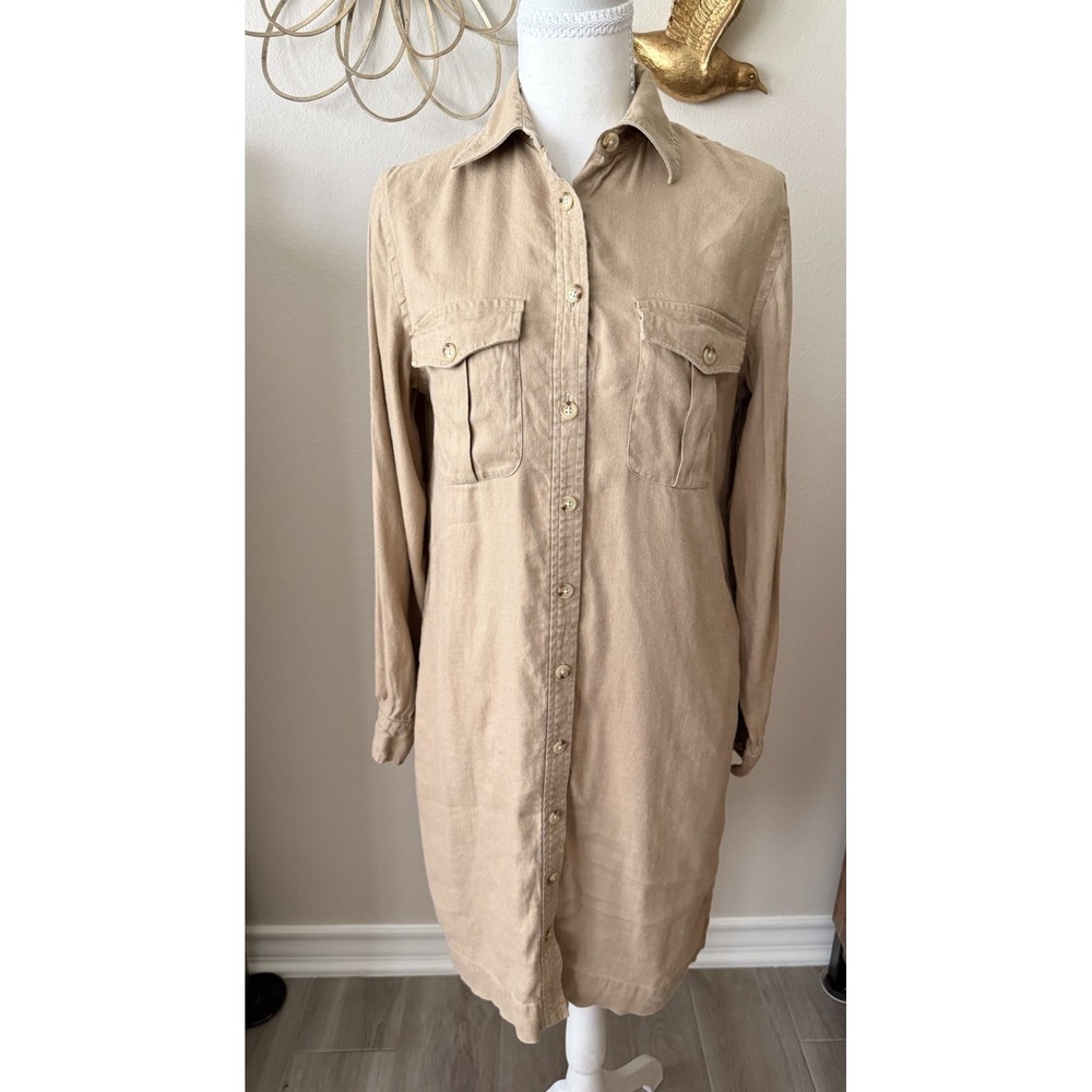 Lauren Ralph Lauren Linen Shirt Dress Tan Button Front Midi S Casual